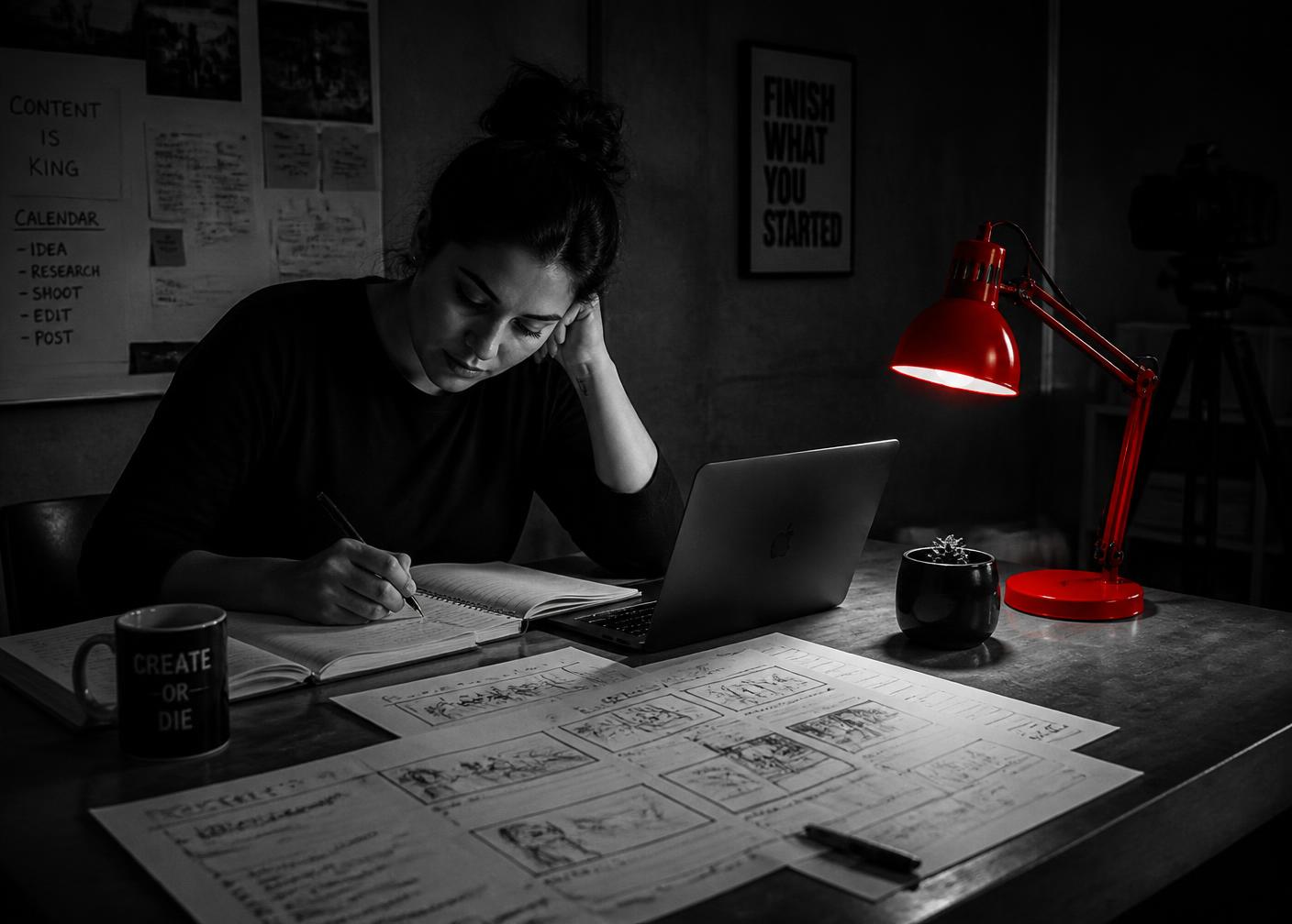 A woman planning content at a desk with a notebook, laptop and a red desk lamp